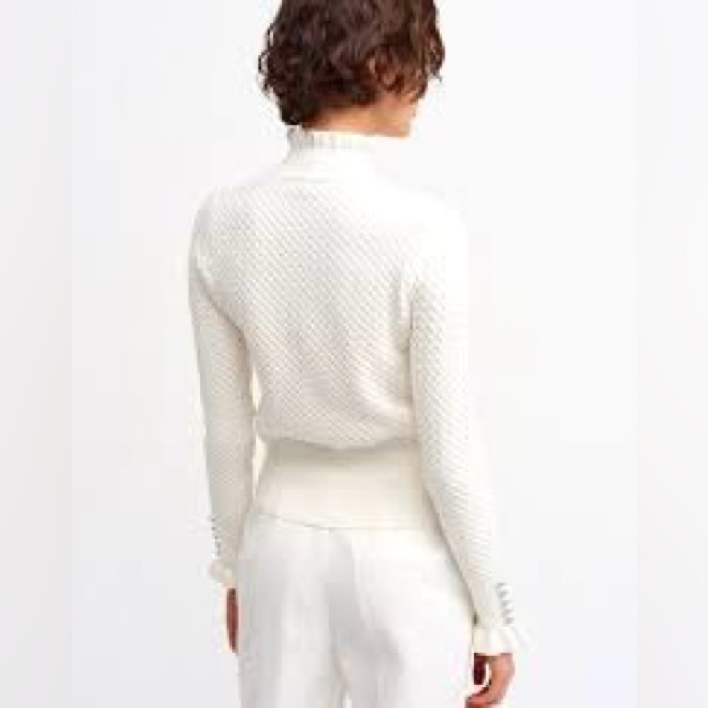 Zara Winter White Waffle Knit Rhinestone Sleeve Sweater with Ruffles